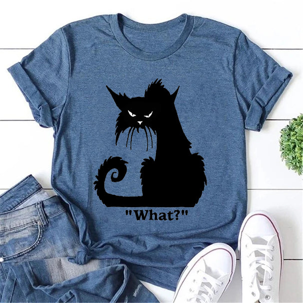 Quoi? T-shirt avec slogan pour femme, joli chat en colère imprimé 