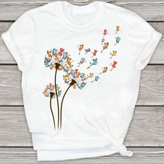 T-shirt avec slogan pour femme, imprimé fleur de pissenlit, chats
