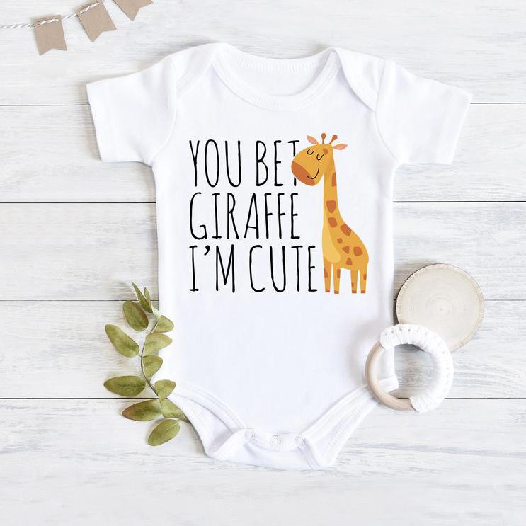 "You Bet Giraffe I'm Cute"Lovely Letters Giraffe Printed Short-sleeve Baby Romper