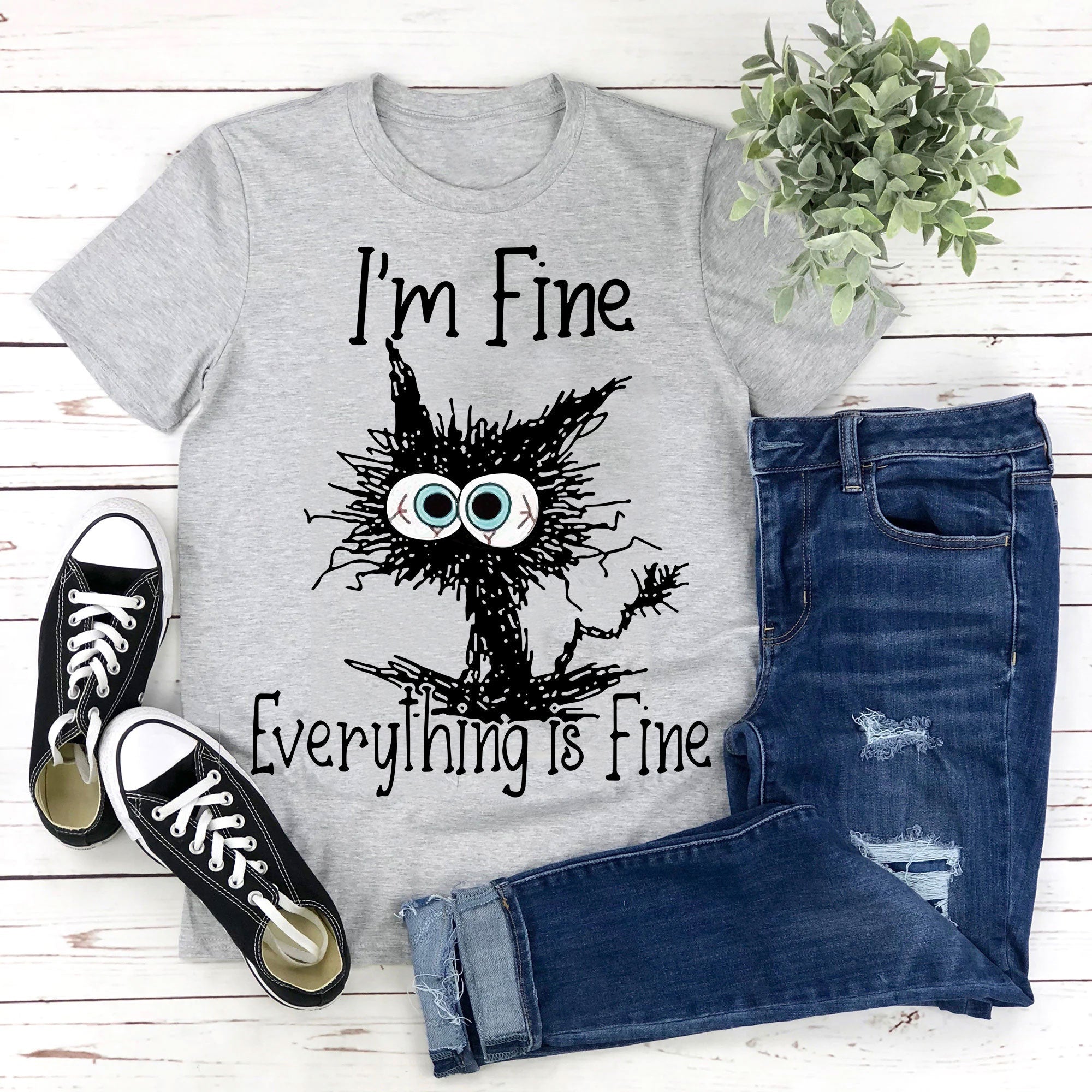 Je vais bien, tout va bien, t-shirt avec slogan imprimé chat pour femmes