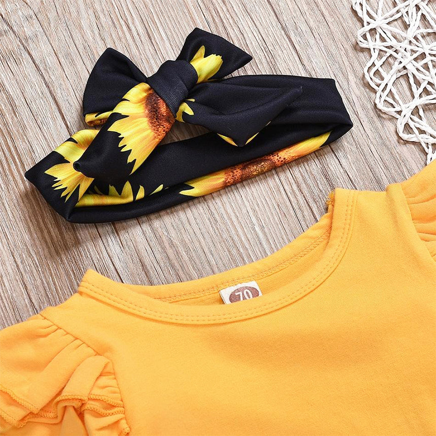 3PCS Sunflower Flutter-sleeve Bodysuit+ Pants +Headband Set