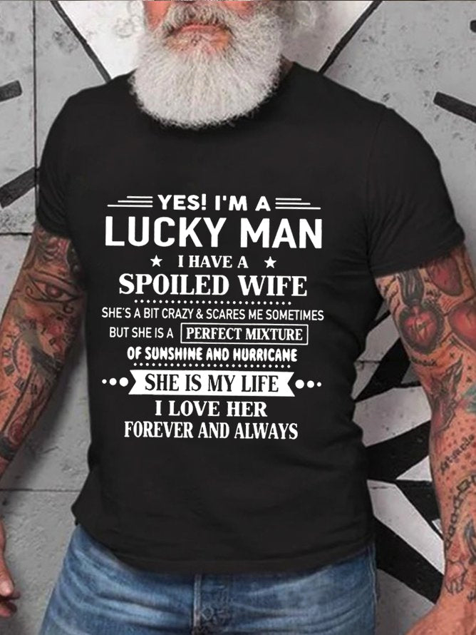 Yes I'm A Lucky Man Print Men Slogan T-Shirt