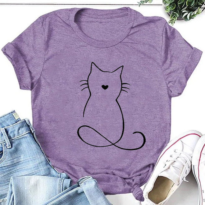 Cat Print Crew Neck Short Sleeve T-shirt – pumapat