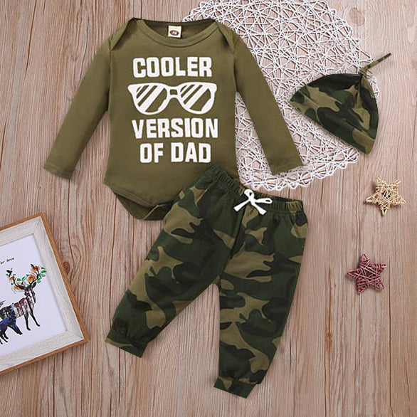 3PCS "COOLER VERSION OF DAD" Letter Printed Romper with Camo Printed Pants Baby Set