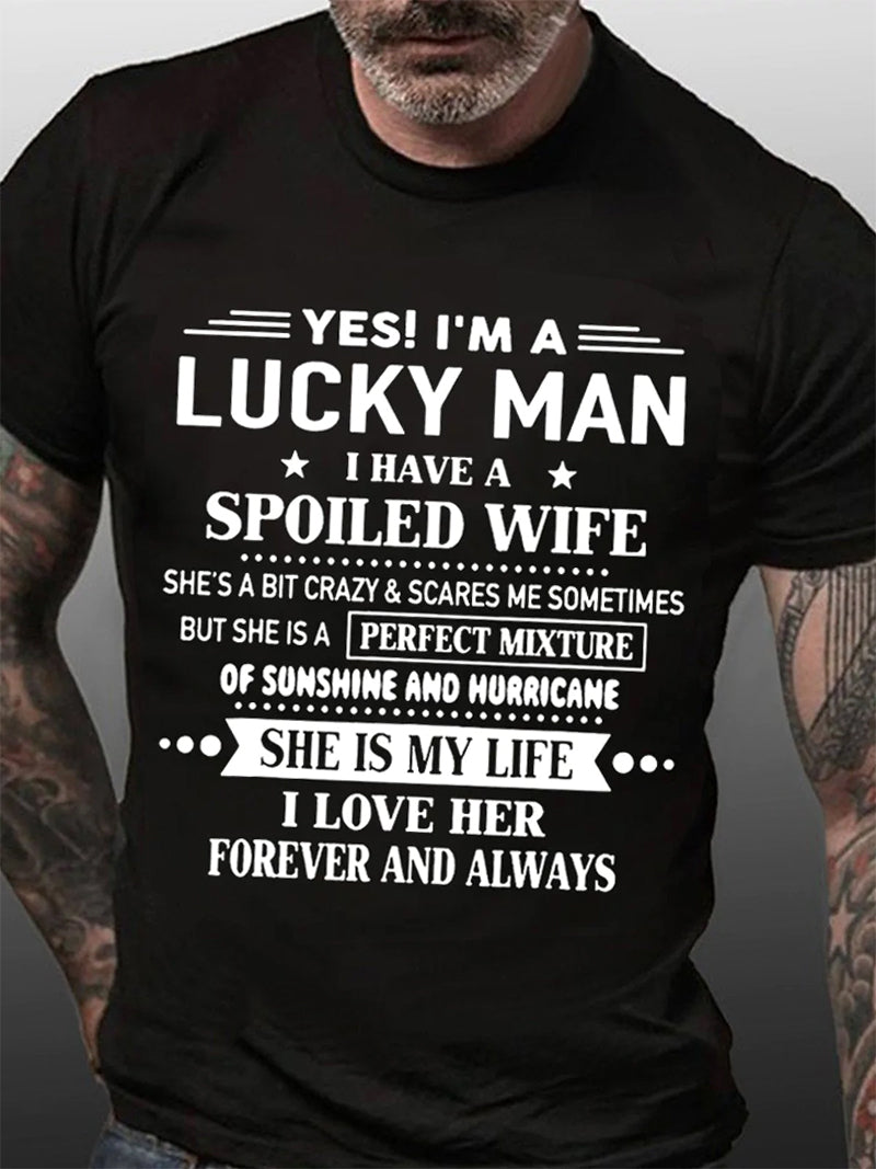 Yes I'm A Lucky Man Print Men Slogan T-Shirt