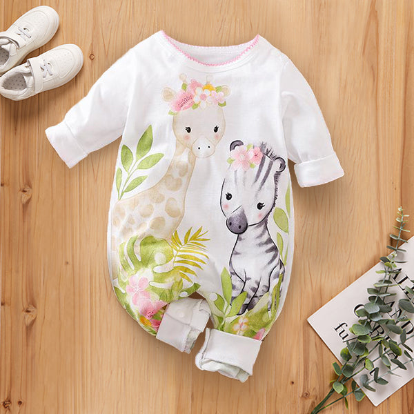 Sweet Giraffe And Zebra Printed Baby Jumpsuit