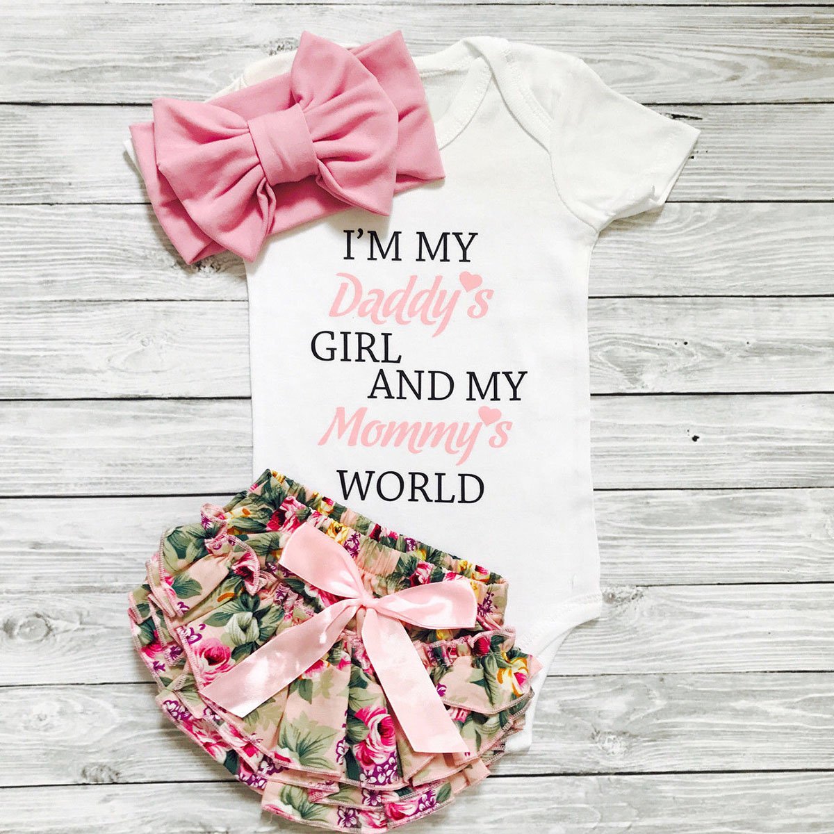 Letter Print Bodysuit & Floral Shorts & Headband