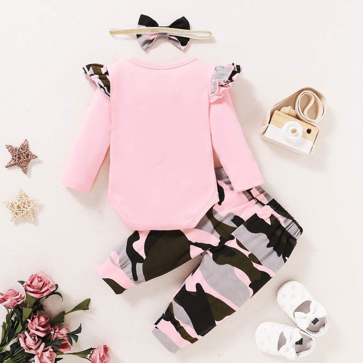 3PCS "Daddy's Little Girl" Letter Printed Rufffled Romper With Camouflage Printed Bowknot Pants Baby Girl Set