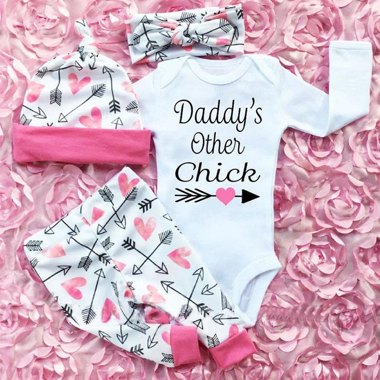 4 Pcs Newborn Baby Girl DADDY'S OTHER CHICK Print  Romper Outfit Pants Set +Hat+Headband