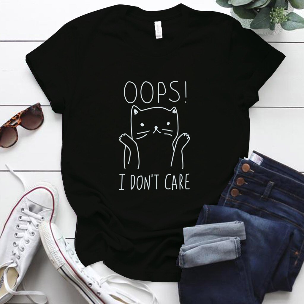 T-shirt à imprimé chat "OOPS I DON'T CARE" 