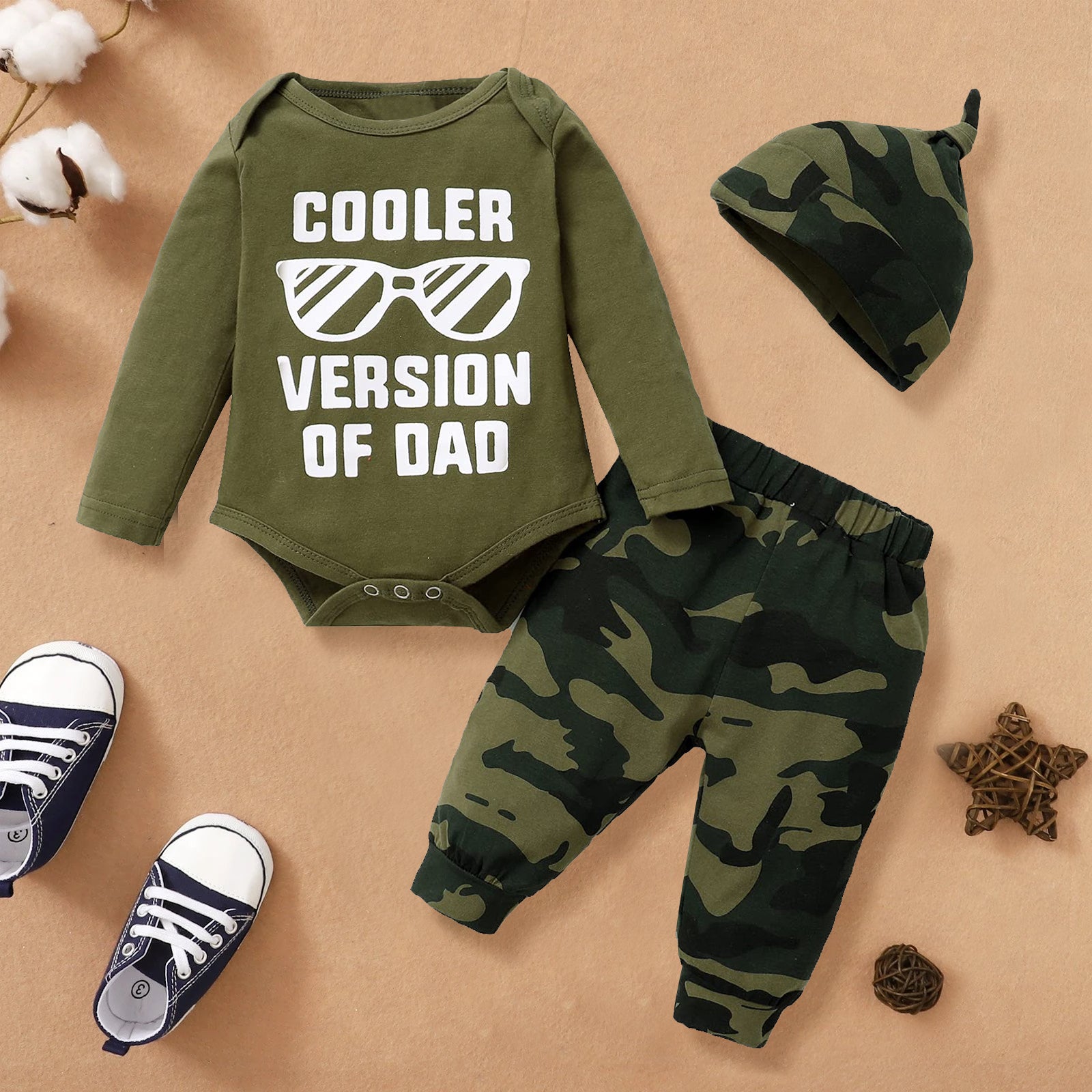 3PCS "COOLER VERSION OF DAD" Letter Printed Romper with Camo Printed Pants Baby Set