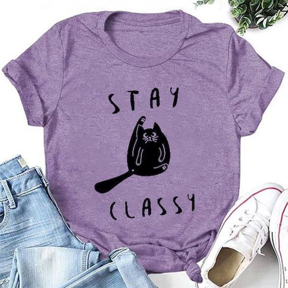 T-shirt avec slogan pour femme, imprimé chat, Stay Classy 