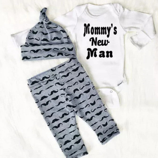 3Pcs Baby Boy Mommy's New Man Romper Tops+Pants with Hat