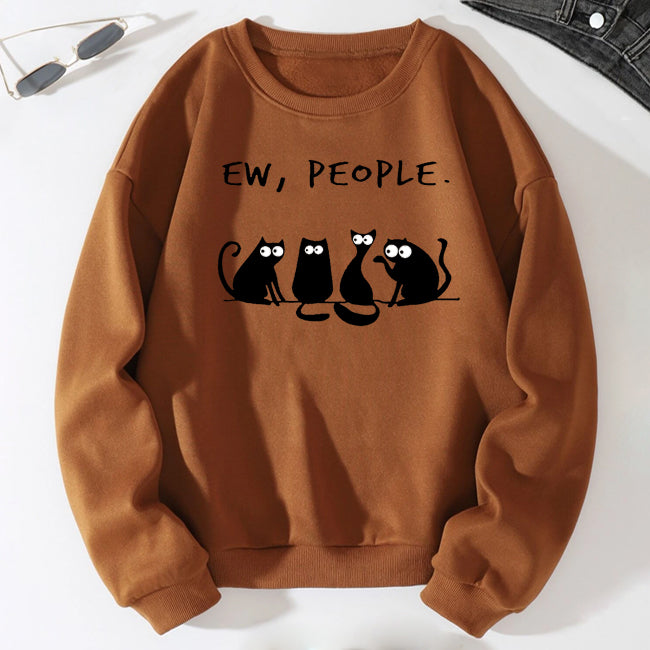 Ew People Cat Print Women Slogan Drop Shoulder Sweatshirt