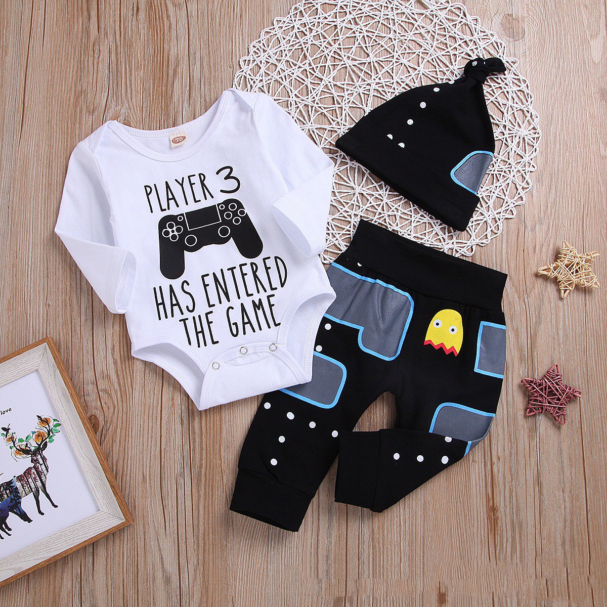 3PCS "Player 3 Has Entered The Game" Letter Printed Romper with Pants Baby Set