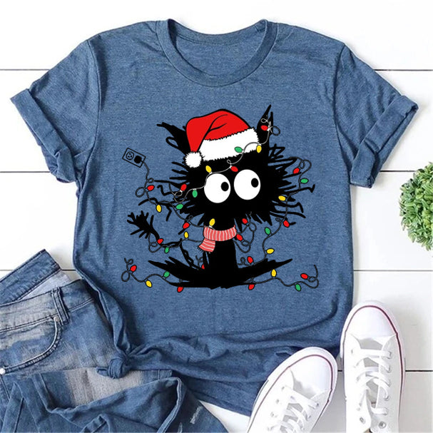 Lovely Christmas Cat Print Women Slogan T-Shirt