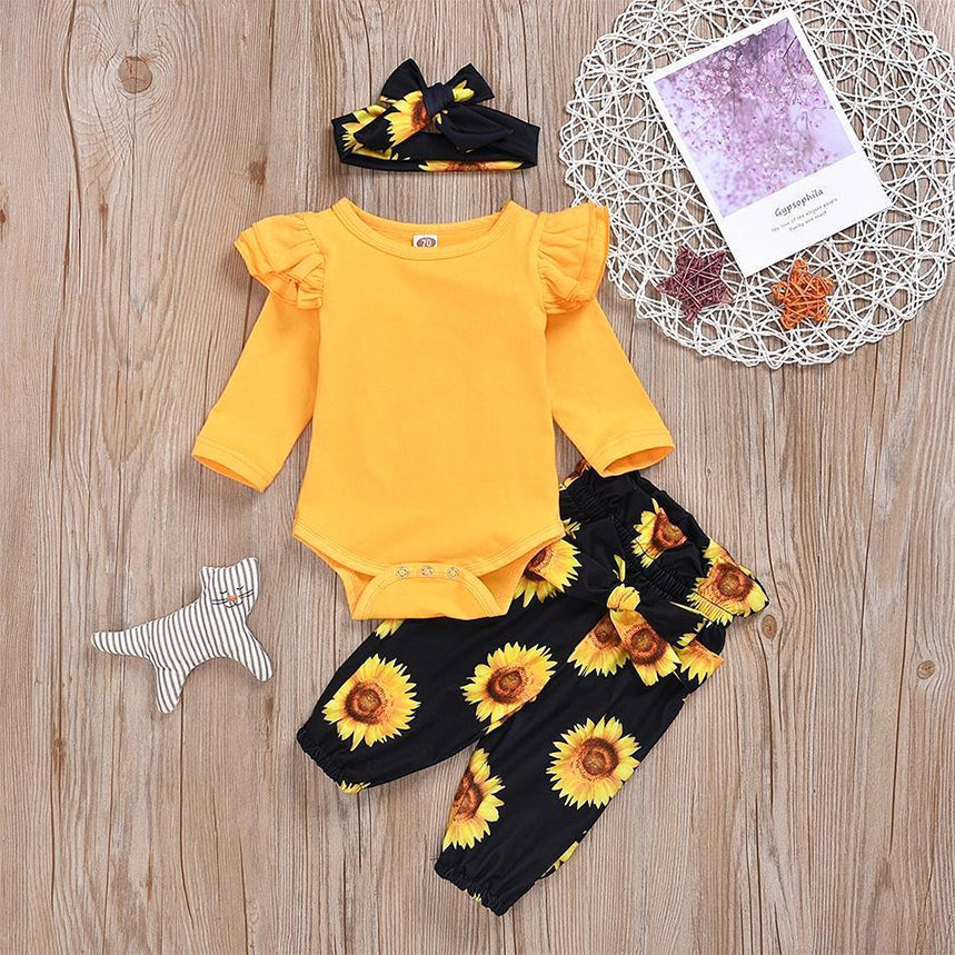 3PCS Sunflower Flutter-sleeve Bodysuit+ Pants +Headband Set