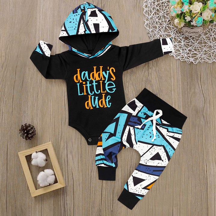 2PCS "Daddy's Little Dude" Letter Printed Baby Boy Hoodie Set