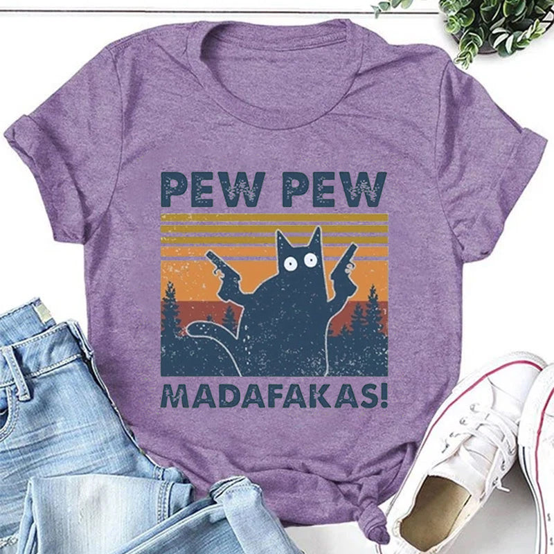 T-shirt imprimé graphique Pew Pew Cat 