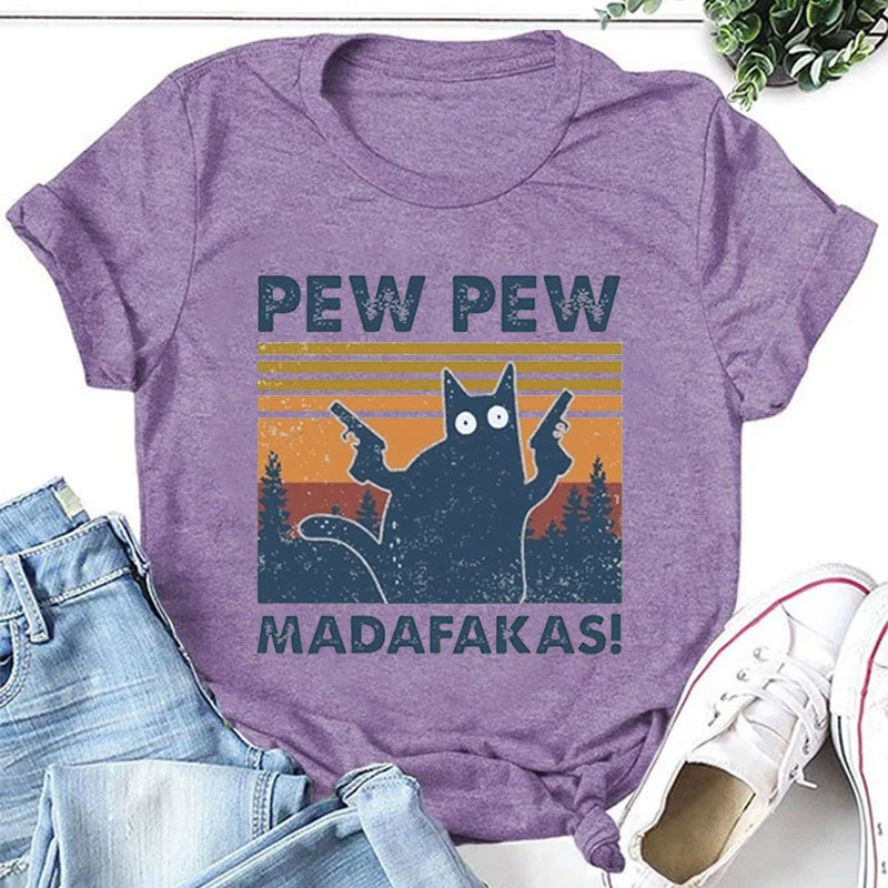 Pew Pew Cat Graphic Printed Tee