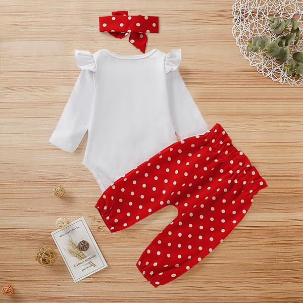 3PCS Newborn Baby Girl Heart-shaped Printed Long Sleeve Romper With Red Polka Dot Pants Set