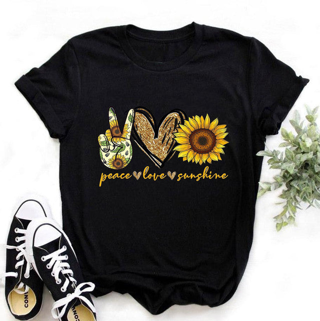 Sunflower Round Neck Summer Tops Peace Love Sunshine Graphic T-Shirts