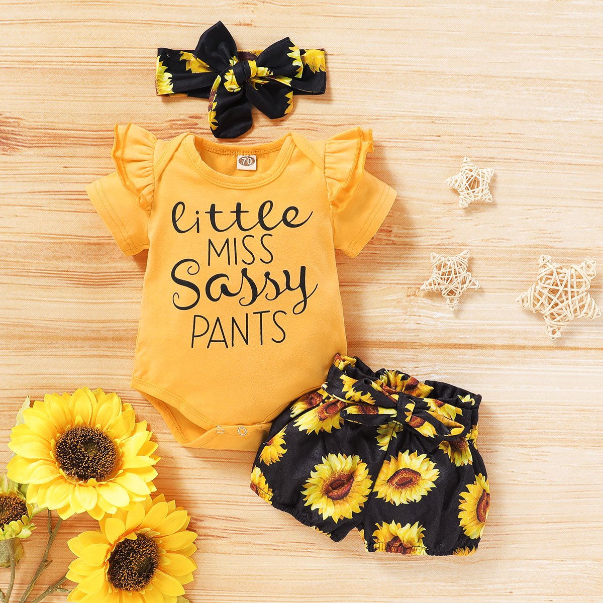 3PCS "Little Miss Sassy Pants" Sunflower Printed Baby Set