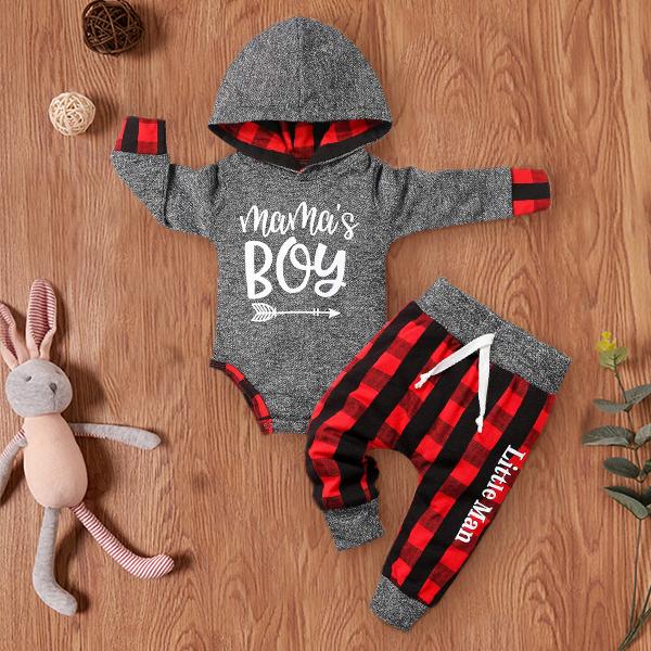 2PCS "Mama's Boy" Letter Printed Hoodie with Plaid Pants Baby Set