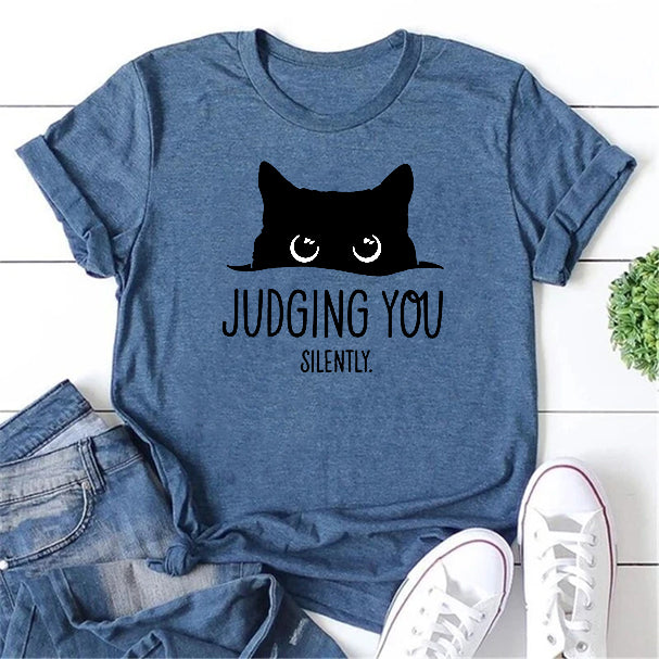 T-shirt avec slogan pour femme, imprimé chat silencieux, vous juge 