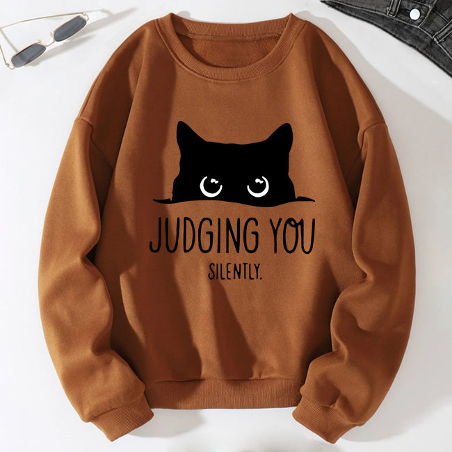 Judging You Cat Print Sweat-shirt à épaules tombantes pour femme avec slogan 