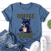 Cat Drinking Coffee Graphic Print Cotton