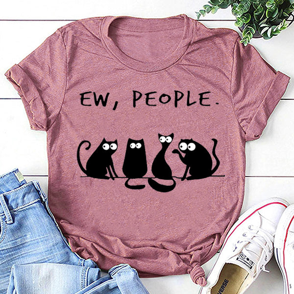 Ew People Cat Cartoon Print Cotton T-shirt