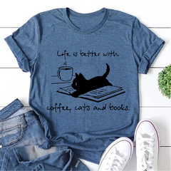 Café Chat Livre Lettre Imprimer Femmes Slogan T-shirt 