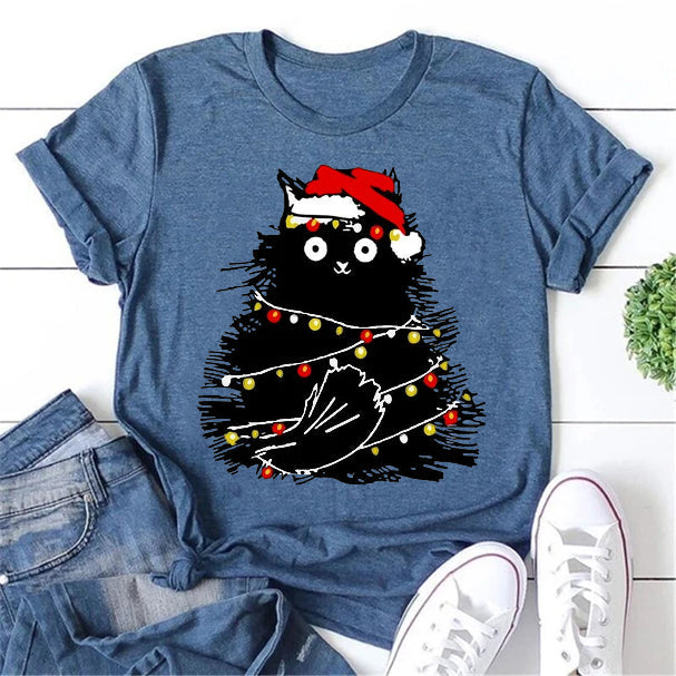 Funny Christmas Cat Print Women Slogan T-Shirt
