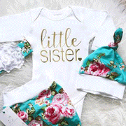 4pcs "Little Sister" Letter Printed Romper With Floral Printed Pants Baby Girl Set