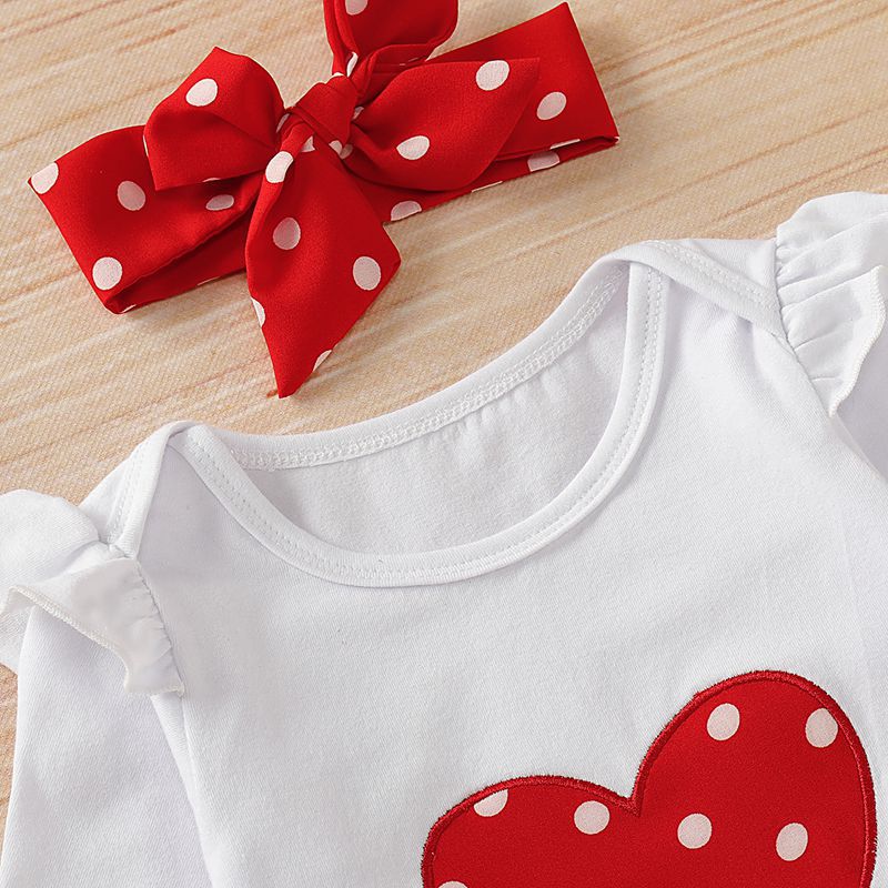 3PCS Newborn Baby Girl Heart-shaped Printed Long Sleeve Romper With Red Polka Dot Pants Set