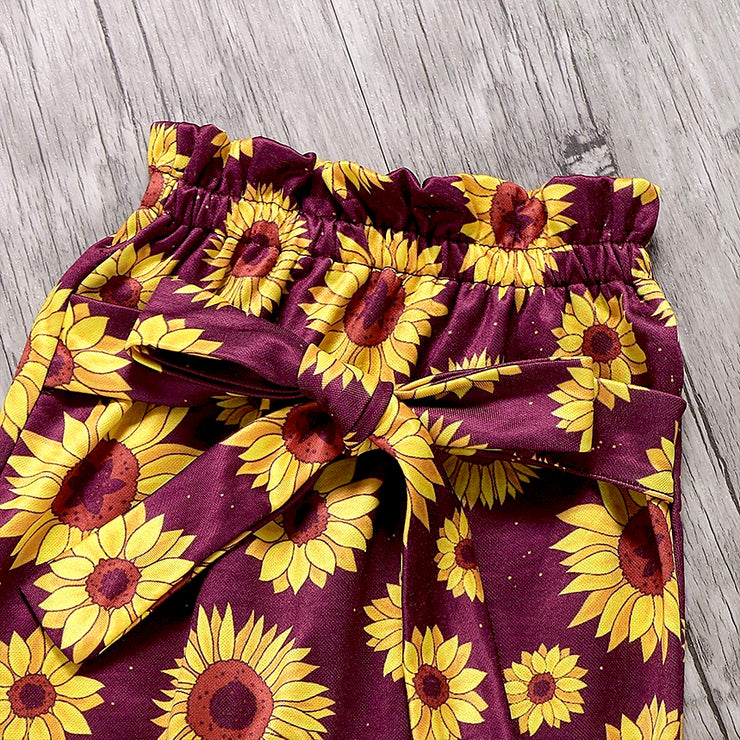 3PCS Sunflower Flutter-sleeve Bodysuit+ Pants +Headband Set