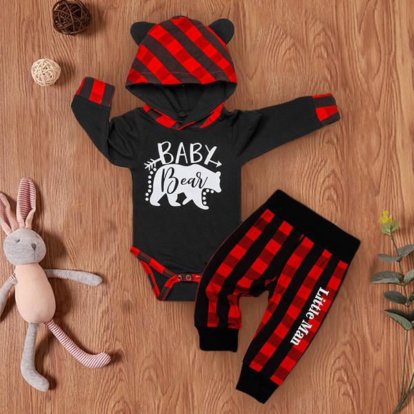 Ensemble 2 pièces avec sweat à capuche et pantalon en treillis pour bébé fille et garçon, avec lettres imprimées «Baby Bear», oreilles 3D