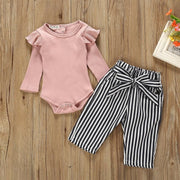 Ruffled Bodysuit and Striped Belted Pants