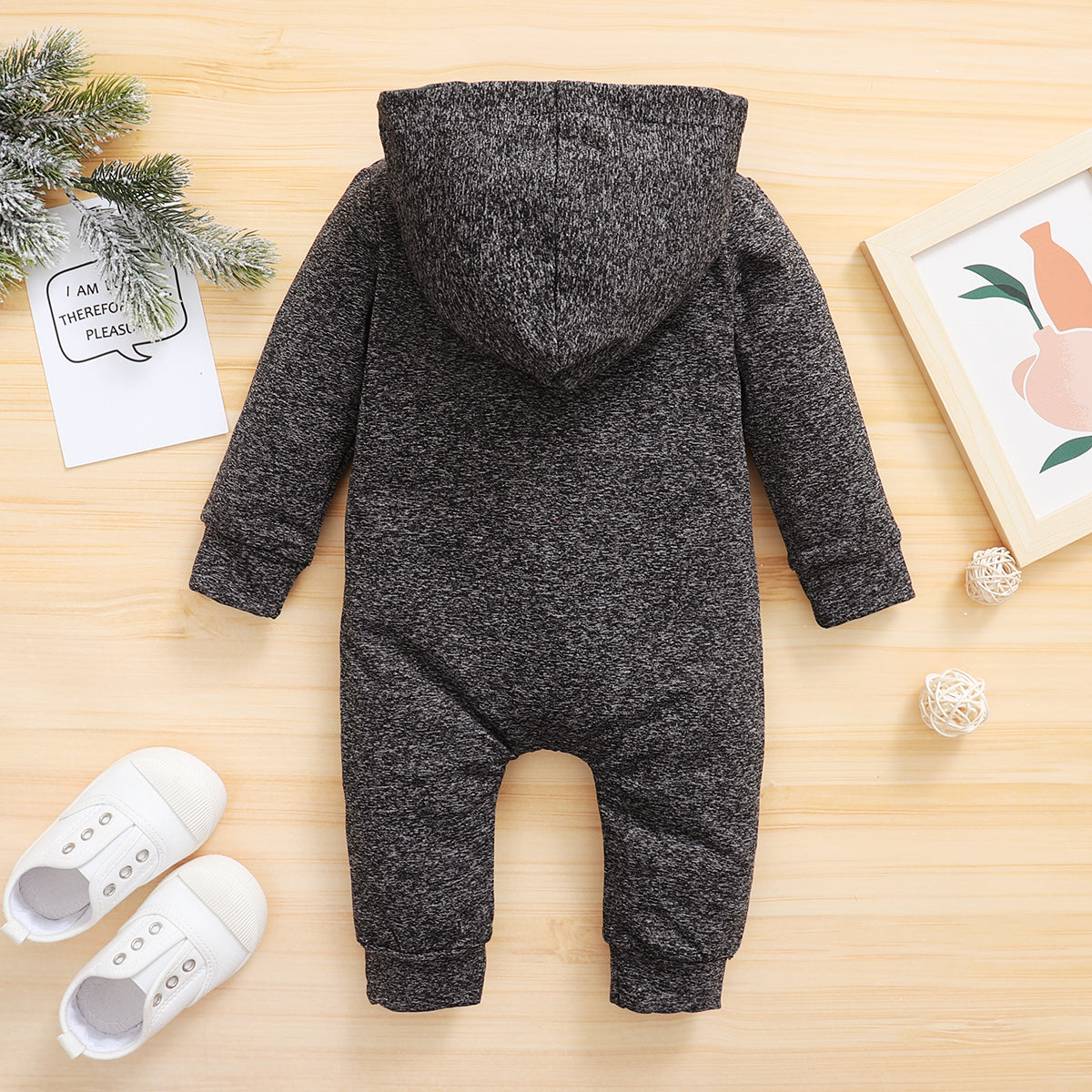 Autumn And Winter Lovely Dark Grey Printed Long-sleeve Baby Hoodie Jumpsuit