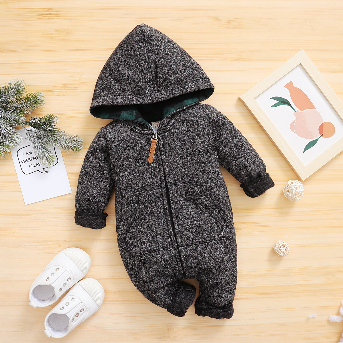 Autumn And Winter Lovely Dark Grey Printed Long-sleeve Baby Hoodie Jumpsuit