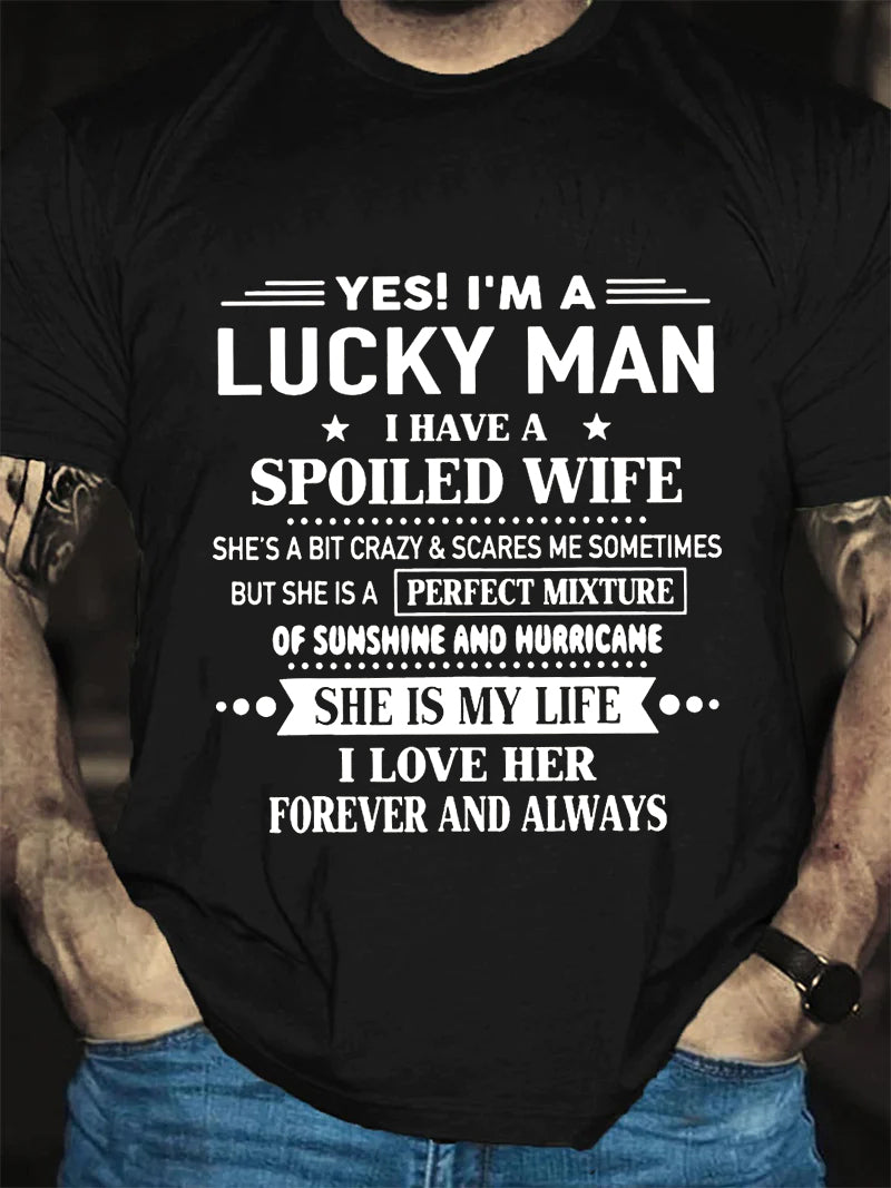 Yes I'm A Lucky Man Print Men Slogan T-Shirt