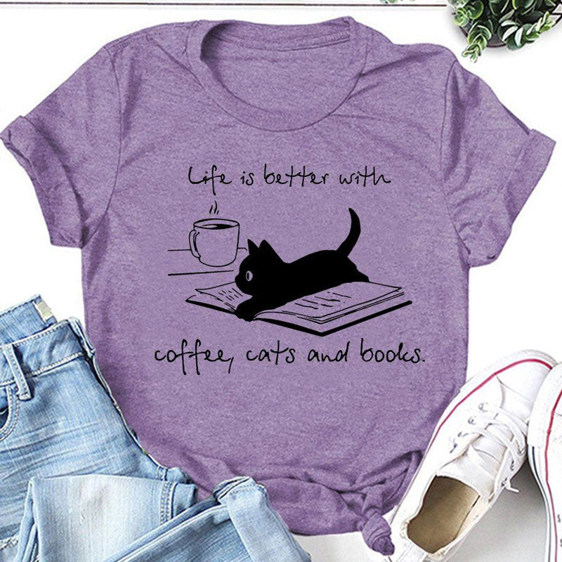 Café Chat Livre Lettre Imprimer Femmes Slogan T-shirt 