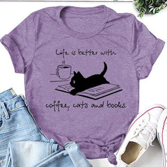Café Chat Livre Lettre Imprimer Femmes Slogan T-shirt 