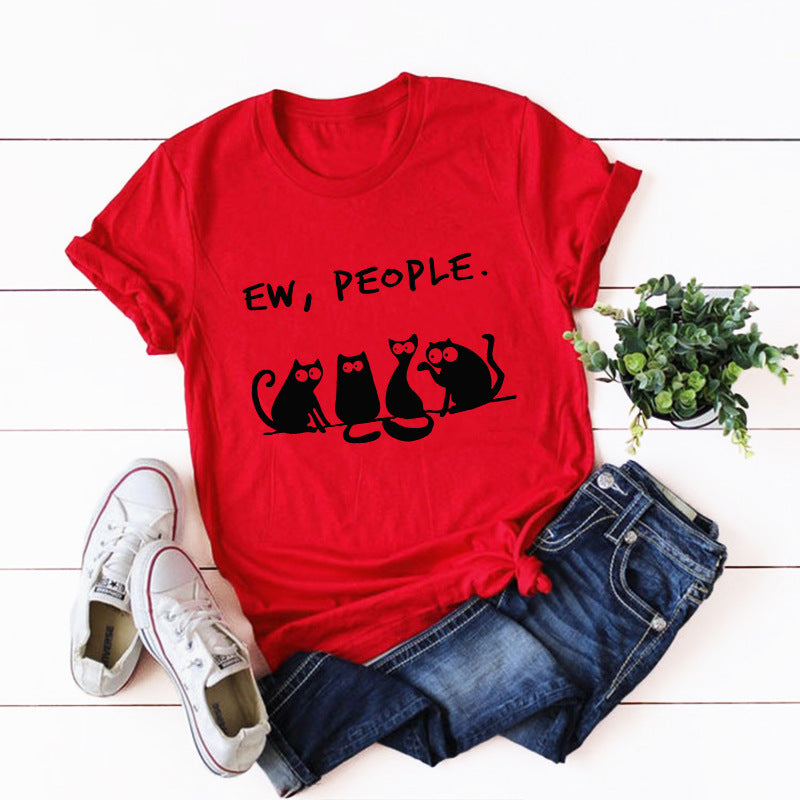 Ew People Cat Cartoon Print Cotton T-shirt