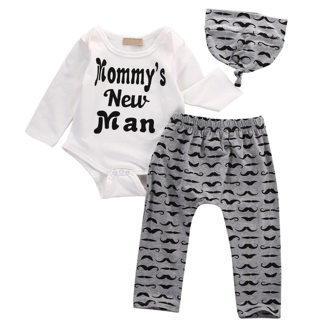 3Pcs Baby Boy Mommy's New Man Romper Tops+Pants with Hat