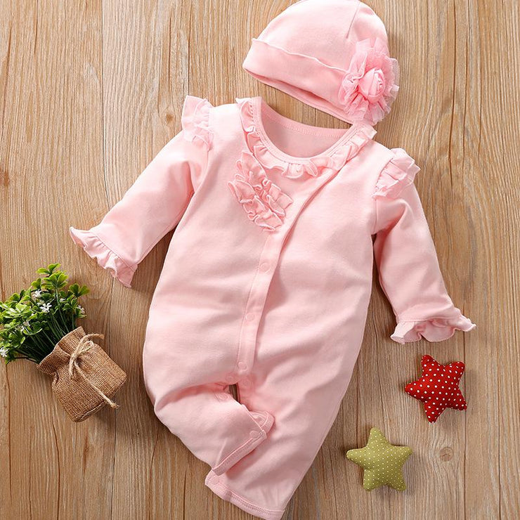 2PCS Lovely Fold Edge Solid Printed Long-sleeve Baby Jumpsuit With Hat