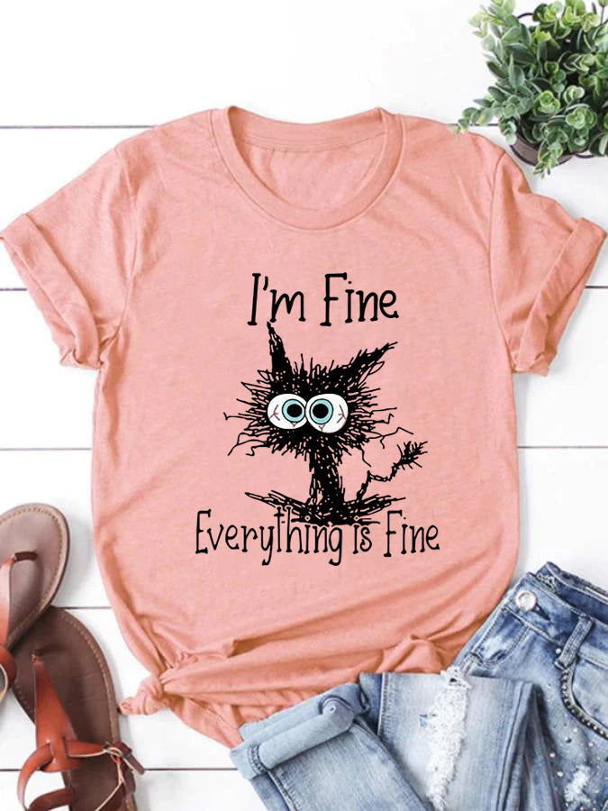 Je vais bien, tout va bien, t-shirt avec slogan imprimé chat pour femmes