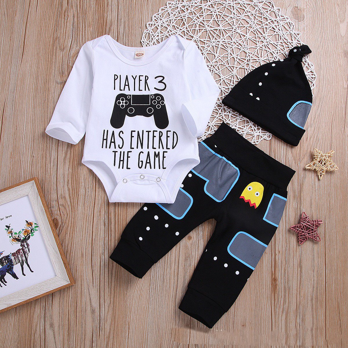 3PCS "Player 3 Has Entered The Game" Letter Printed Romper with Pants Baby Set