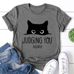 T-shirt avec slogan pour femme, imprimé chat silencieux, vous juge 
